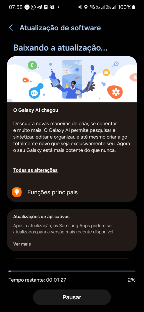 Atualização da One UI 6.1 em smartphone da linha Galaxy S23 (Imagem: Reprodução/Tecnoblog)