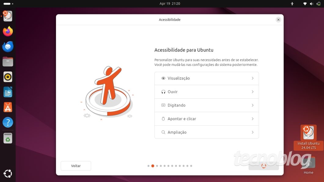 Configurações de acessibilidade na instalação do Ubuntu 24.04 (imagem: Emerson Alecrim/Tecnoblog)