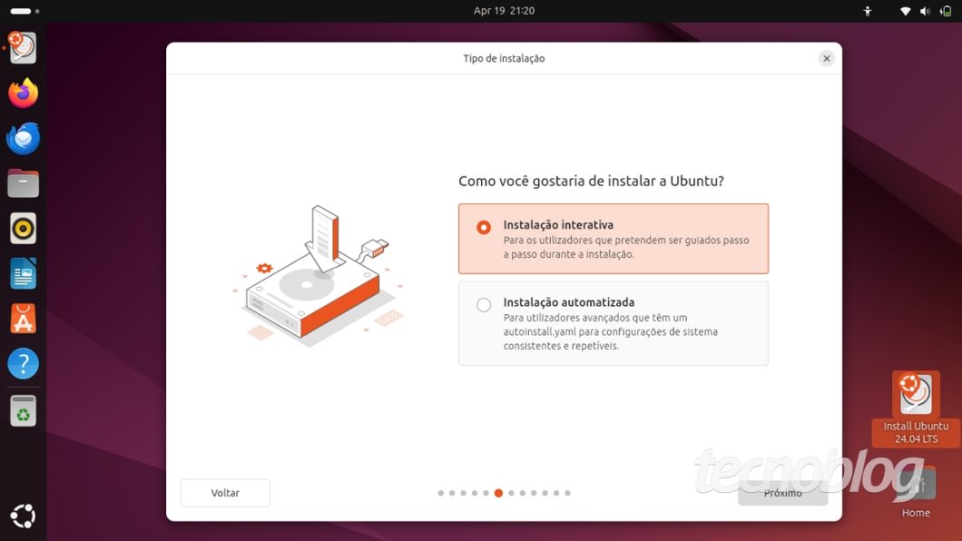 O Ubuntu 24.04 permite instalação interativa ou automatizada (imagem: Emerson Alecrim/Tecnoblog)