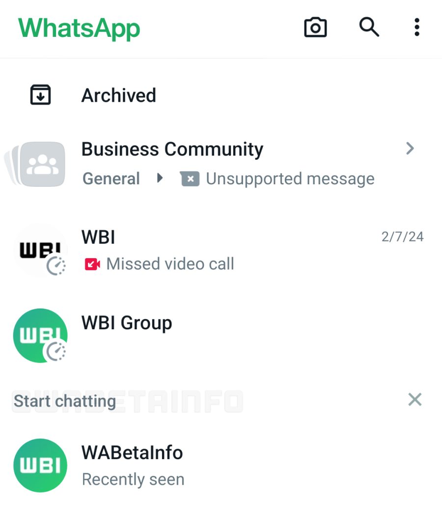 No menu "Start chatting", WhatsApp sugere contatos para conversas (Imagem: Reprodução/WABetaInfo)
