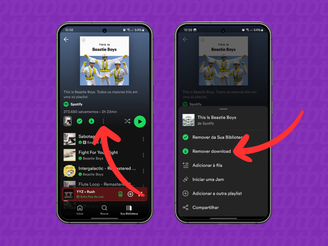 Capturas de tela do aplicativo Spotify mostram como remover o download de uma playlist
