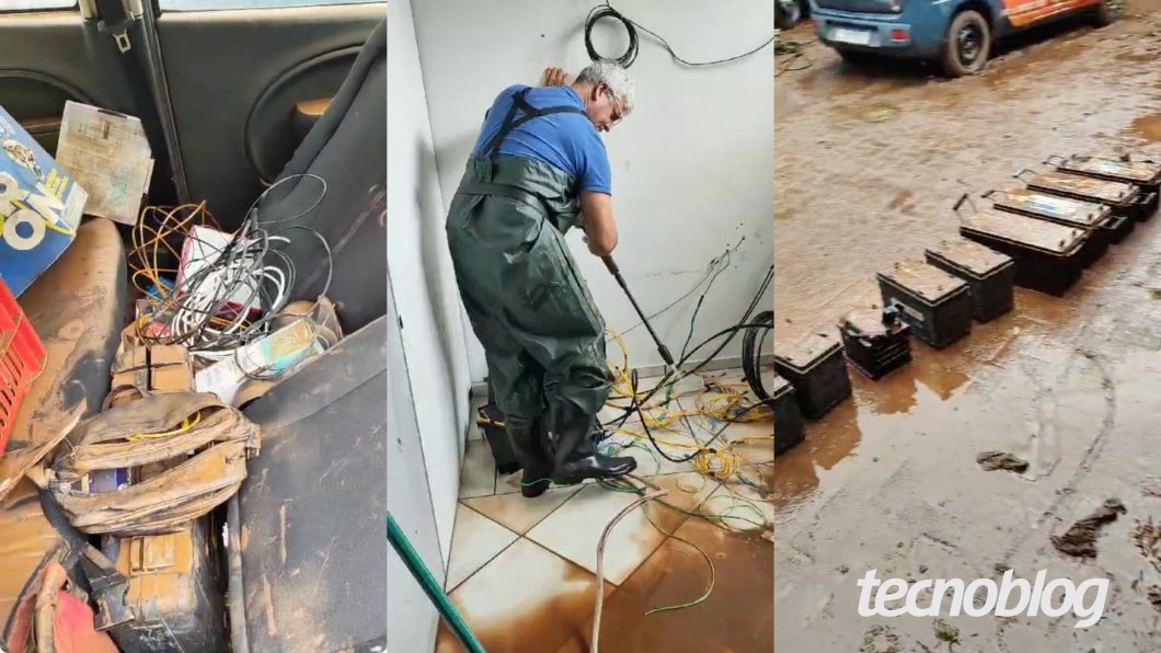 Colagem com três fotos. Nelas é possível ver cabos num veículo, uma pessoa limpando uma área alagada e baterias repletas de lama.