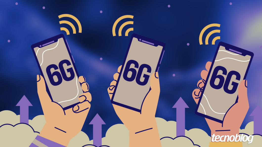 Ilustração com diversas mãos segurando celulares, nos quais se lê "6G"
