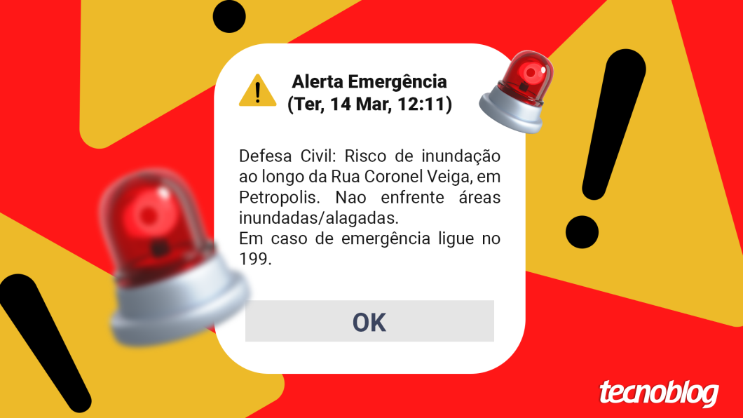Ilustração retrata uma mensagem de texto que diz "Alerta Emergência - Defesa Civil: Risco de inundação ao longo da Rua Coronel Veiga”, entre outras falas. Abaixo há um botão de "OK".