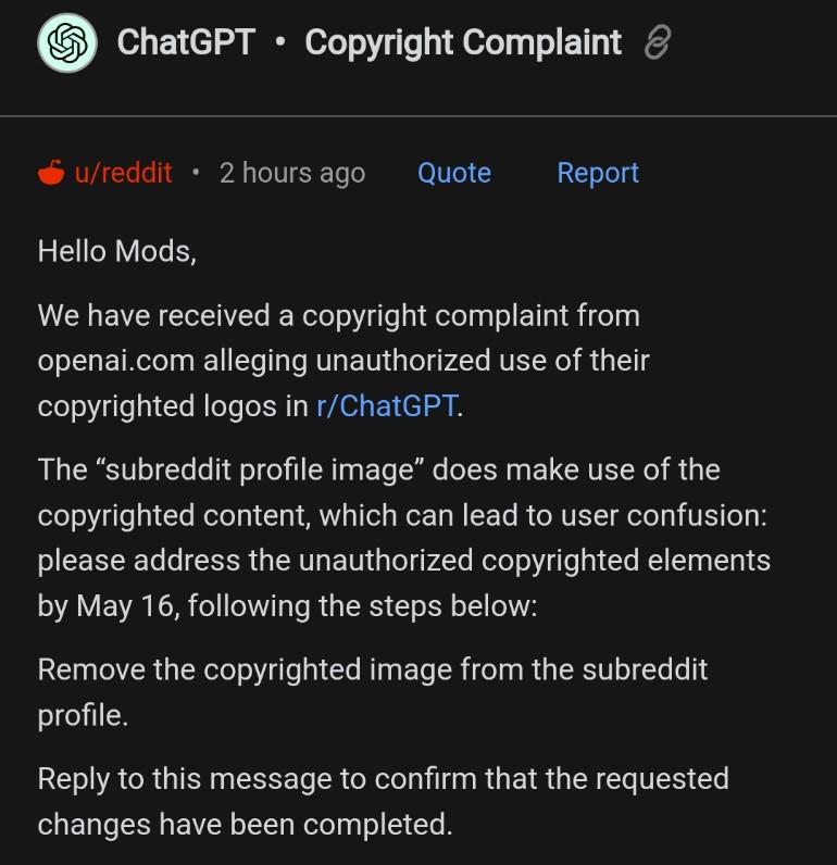 Mensagem do Reddit para moderadores avisa que houve uma reclamação de direitos autorais pela imagem de perfil do fórum (Imagem: HOLUPREDICTIONS/Reddit)