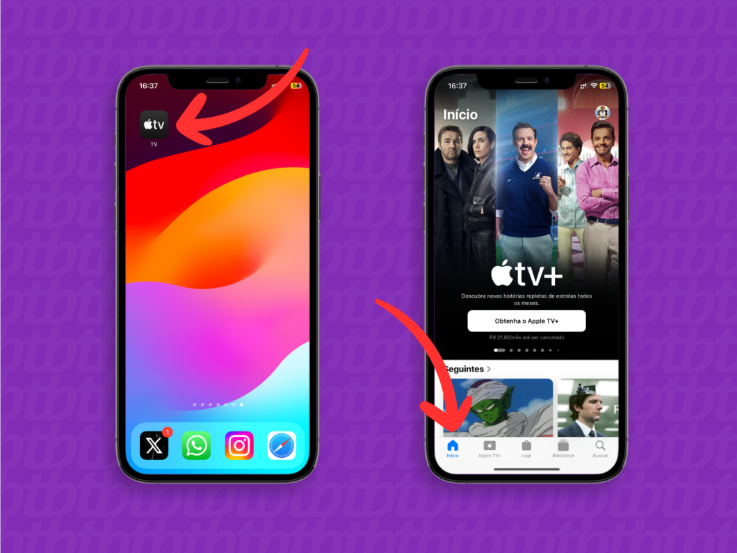 Capturas de tela do aplicativo Apple TV mostram como acessar a aba Início