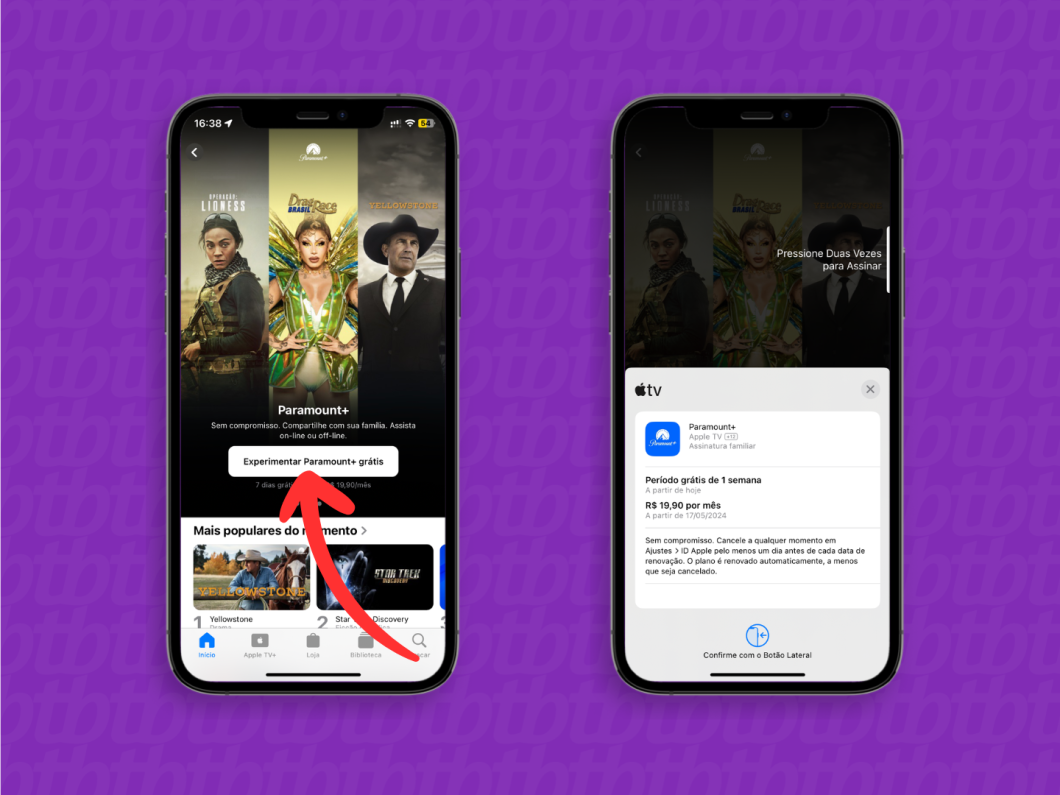 Capturas de tela do aplicativo Apple TV mostram como realizar a assinatura do Paramount+