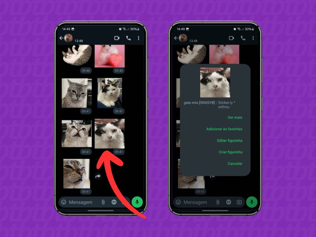 Capturas de tela do aplicativo WhatsApp mostram como selecionar uma figurinha