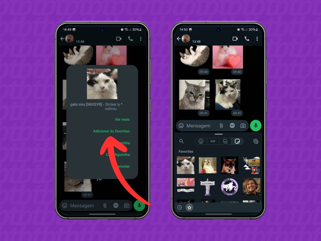 Capturas de tela do aplicativo WhatsApp mostram como adicionar uma figurinha às favoritas