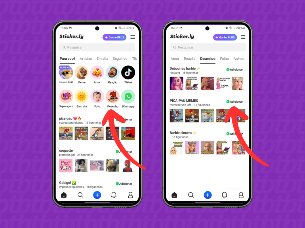 Capturas de tela do Sticker.ly mostram como acessar um tema e baixar um pacote de figurinhas do WhatsApp