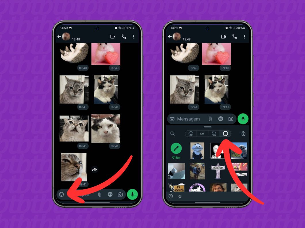 Capturas de tela do aplicativo WhatsApp no Android mostram como acessar a bandeja de figurinhas