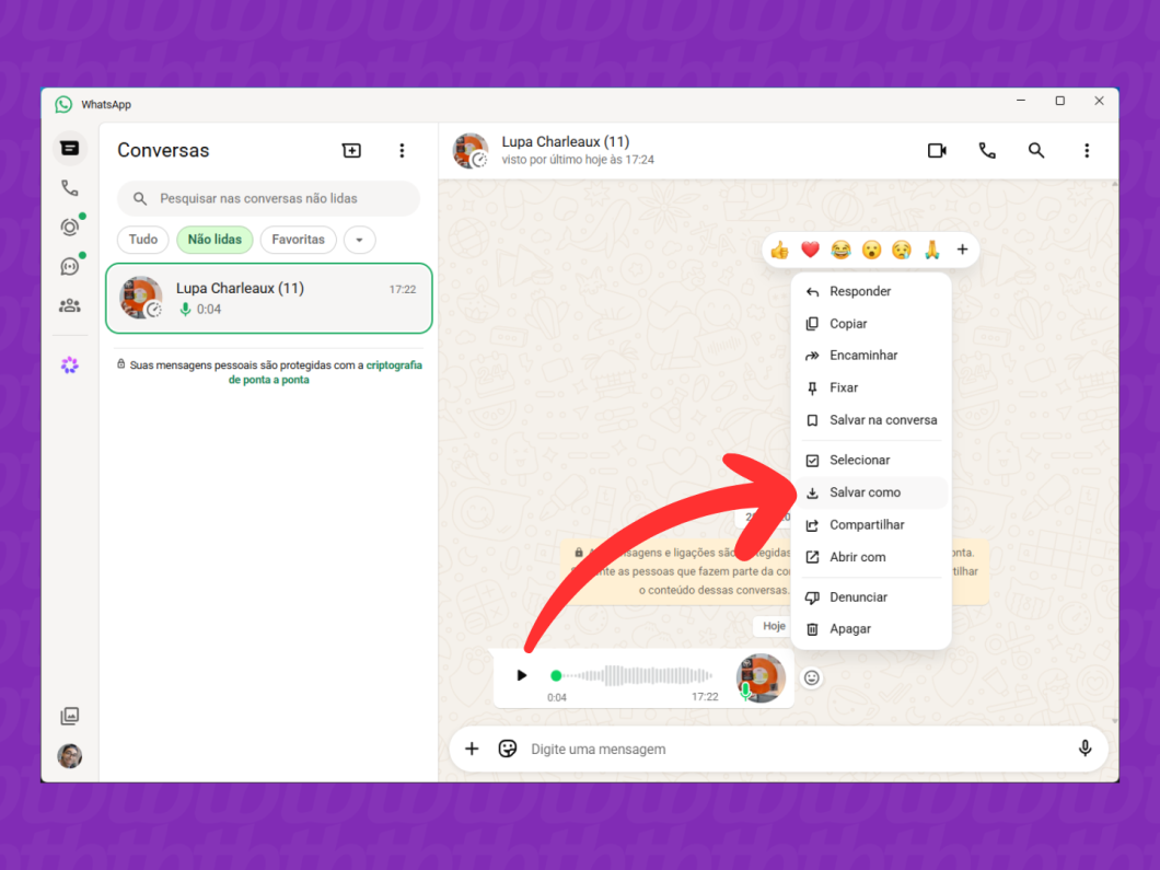 WhatsApp Desktop com o menu “Salvar como” para baixar uma mensagem de voz ou áudio