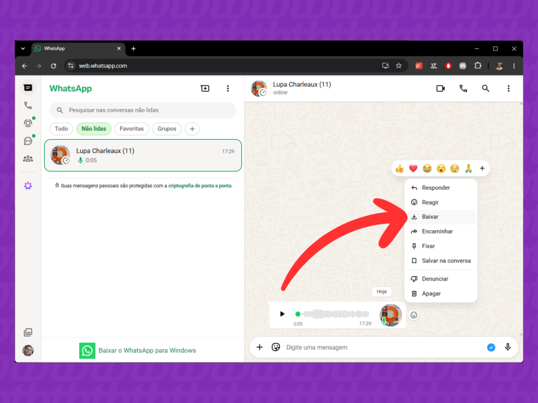 WhatsApp Web mostrando o menu com a opção Baixar para download do áudio na conversa
