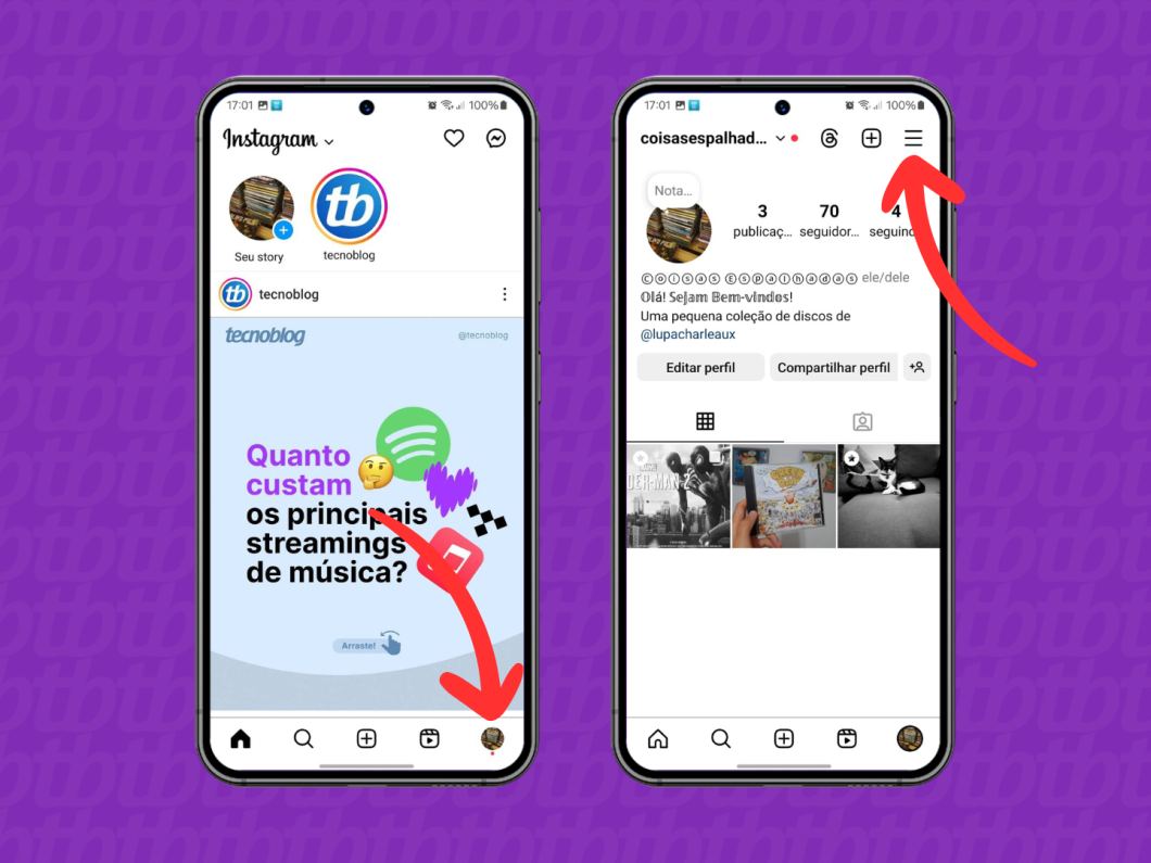Capturas de tela do aplicativo Instagram mostram acessar o menu "Configurações e privacidade"