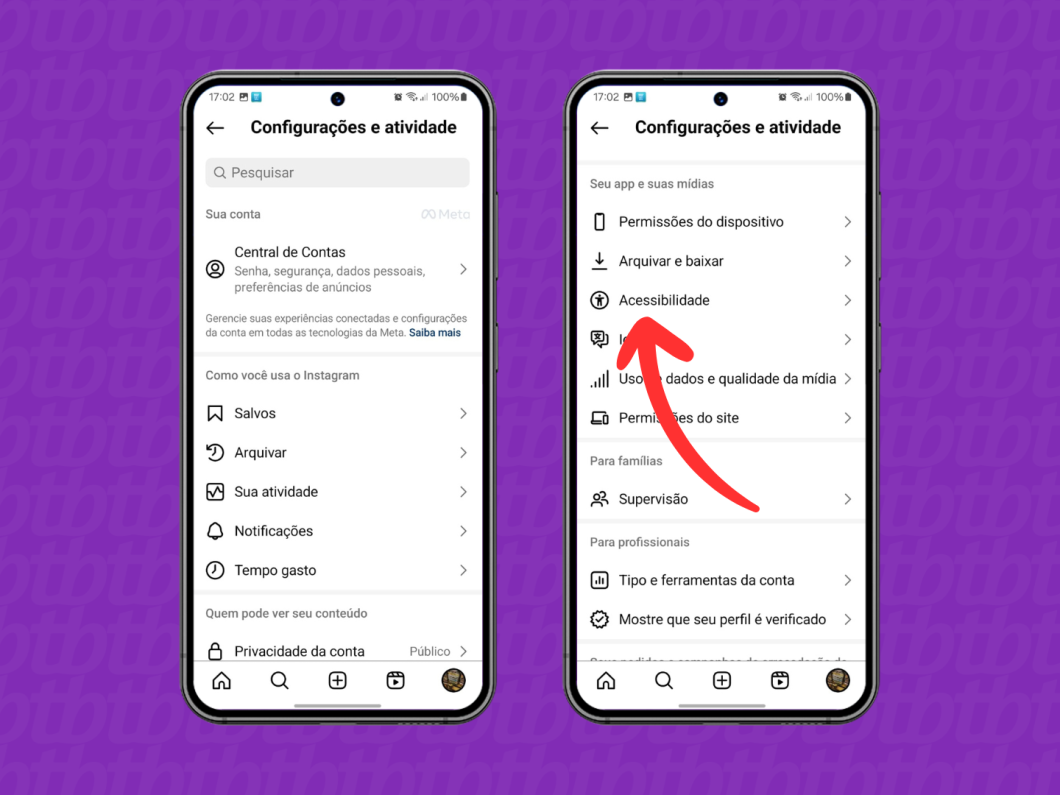 Capturas de tela do aplicativo Instagram mostram acessar o menu "Acessibilidade"
