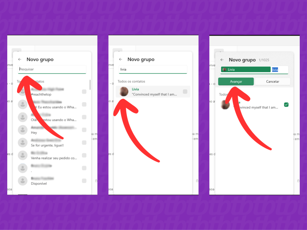 Capturas de tela do WhatsApp Desktop mostram como adicionar participantes ao criar um grupo