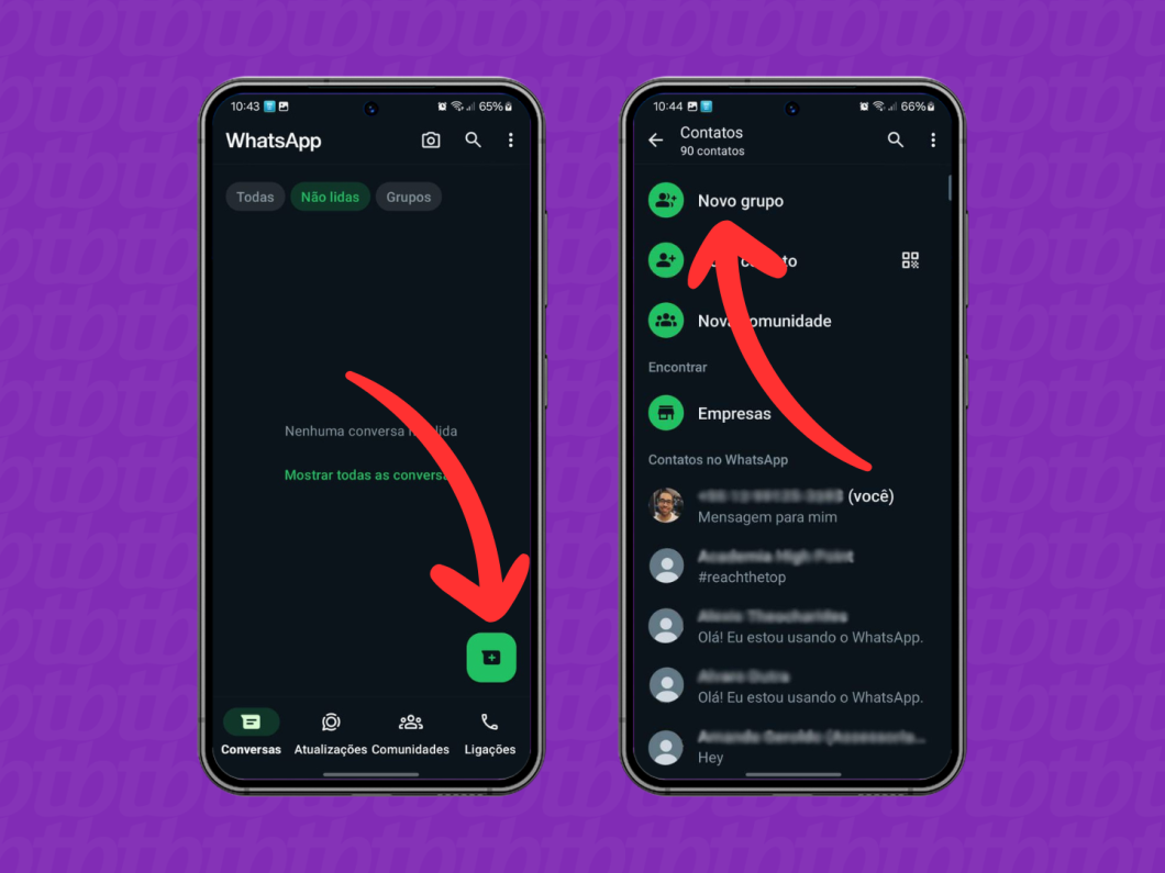 Capturas de tela do WhatsApp no Android mostram como acessar a opção "Novo Grupo"