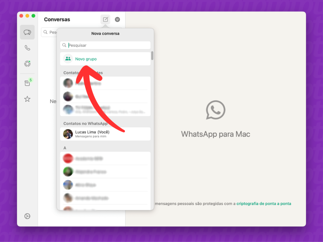 Captura de tela do WhatsApp no macOS mostra acessar a opção "Novo Grupo"