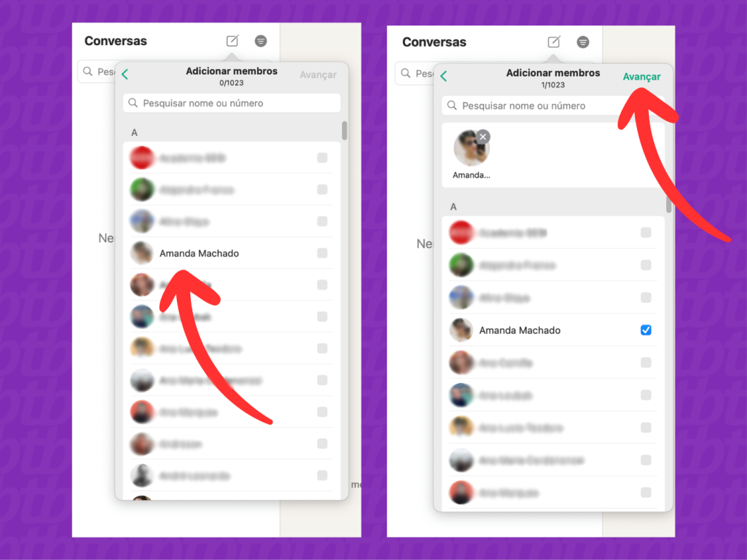 Capturas de tela do WhatsApp no macOS mostram como selecionar os participantes do grupo