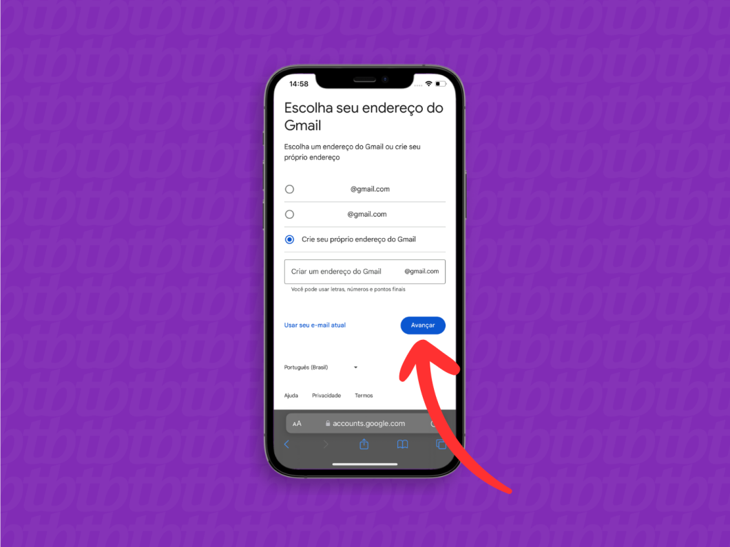 Captura de tela do site Google Accounts mostra escolher um endereço do Gmail