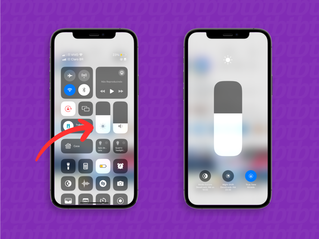 Capturas de tela do iPhone mostram como abrir o menu dedicado de ajuste de brilho