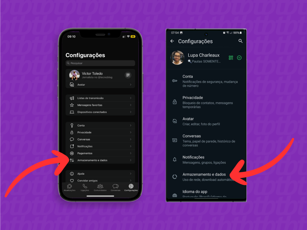 Capturas de tela do aplicativo WhatsApp no iOS e no Android mostram como acessar o menu "Armazenamento e dados"