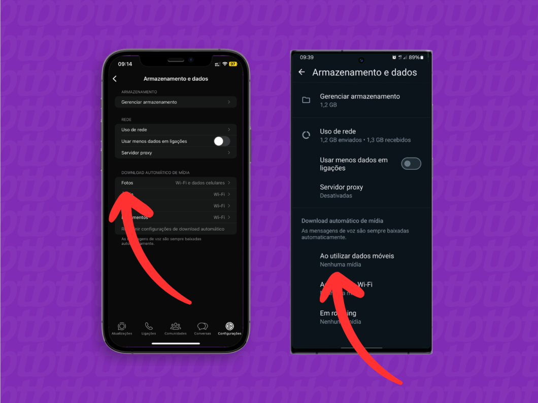 Capturas de tela do aplicativo WhatsApp no iOS e no Android mostram como ajustar as configurações de Download automático de Mídia