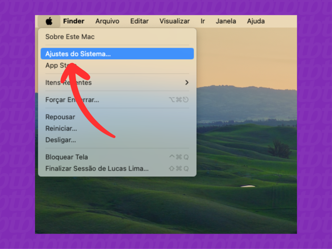 Captura de tela do macOS mostra como acessar a opção "Ajustes do Sistema"