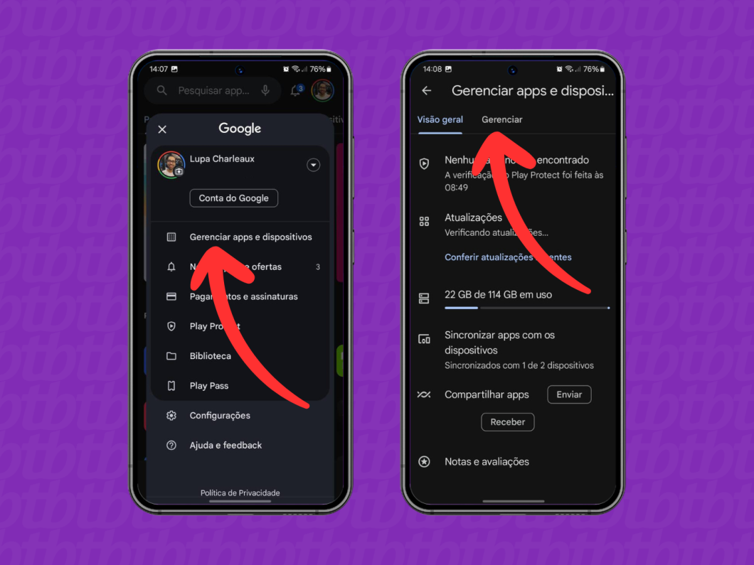 Capturas de tela do aplicativo Google Play mostram como acessar as opções "Gerenciar apps e dispositivos" e "Gerenciar"