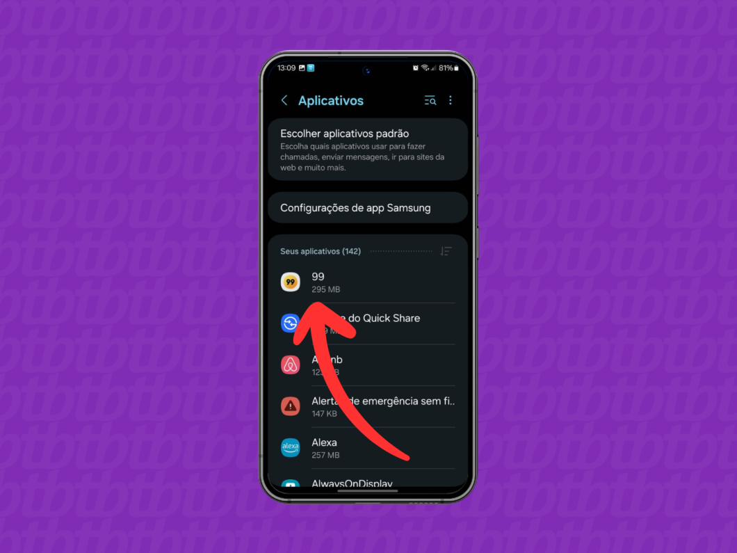 Captura de tela do Android mostra como selecionar um aplicativo