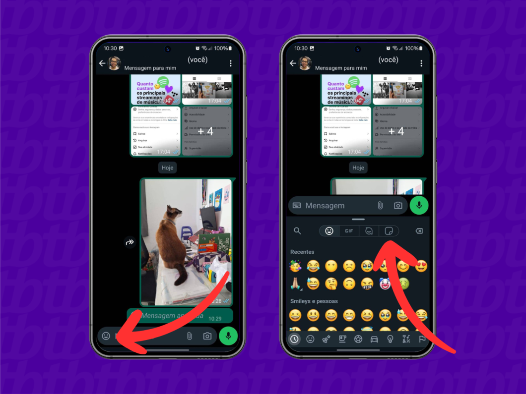 Capturas de tela do aplicativo WhatsApp mostram como acessar a área de figurinhas
