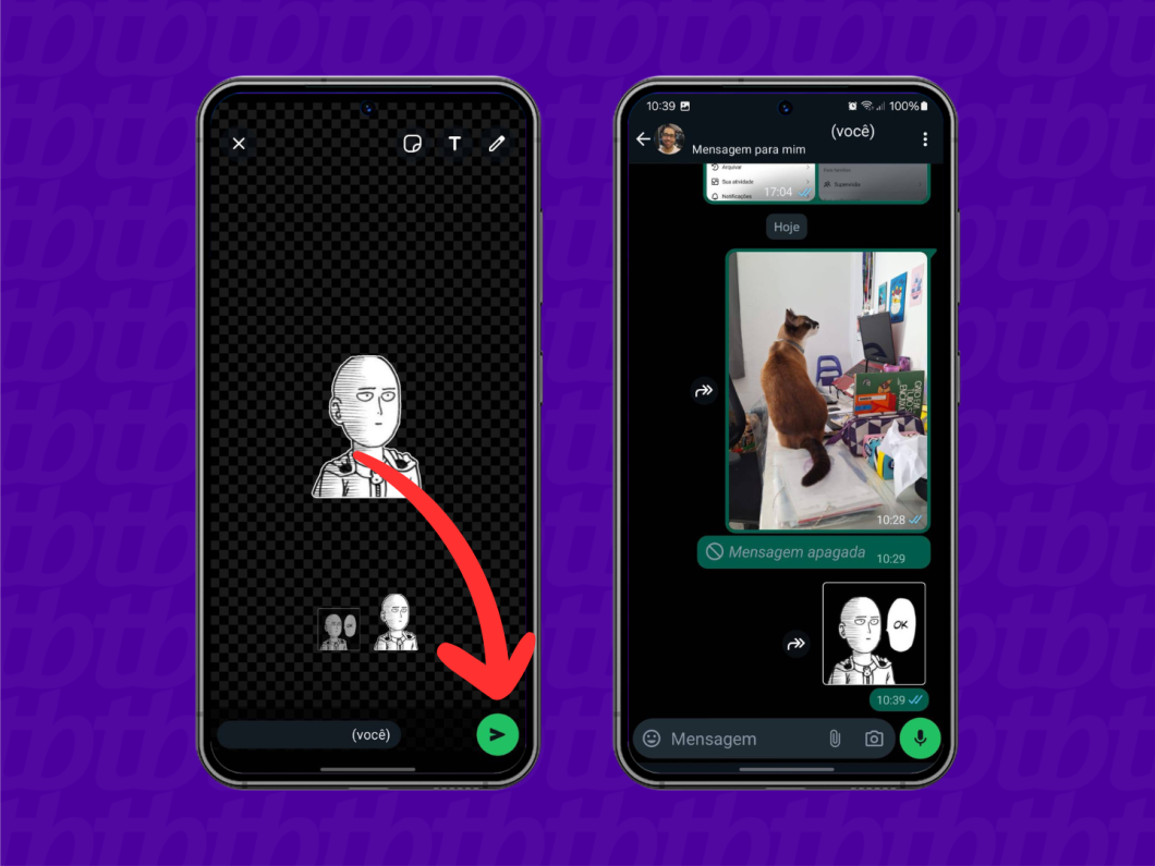 Capturas de tela do aplicativo WhatsApp mostram como criar e compartilhar uma figurinha