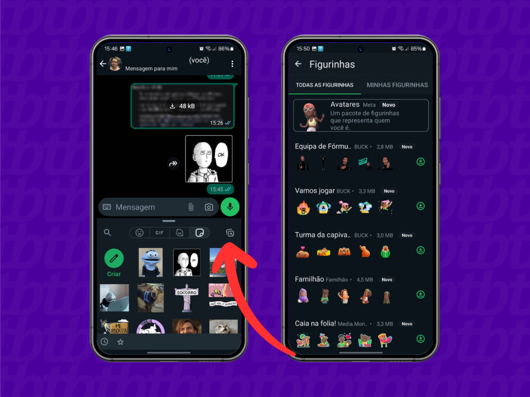 Capturas de tela do aplicativo WhatsApp mostram como baixar novas figurinhas no Android