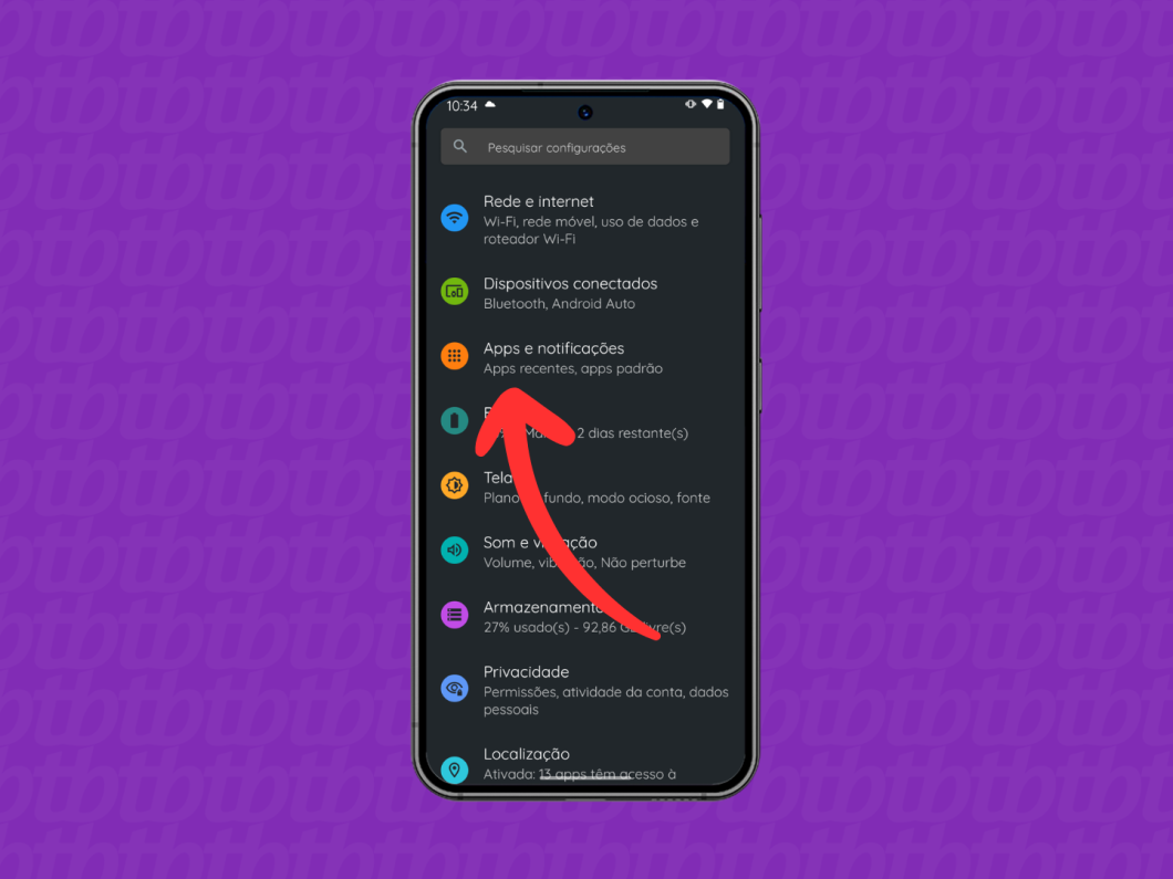 Captura de tela do celular Motorola mostra como acessar o menu "Apps e notificações"