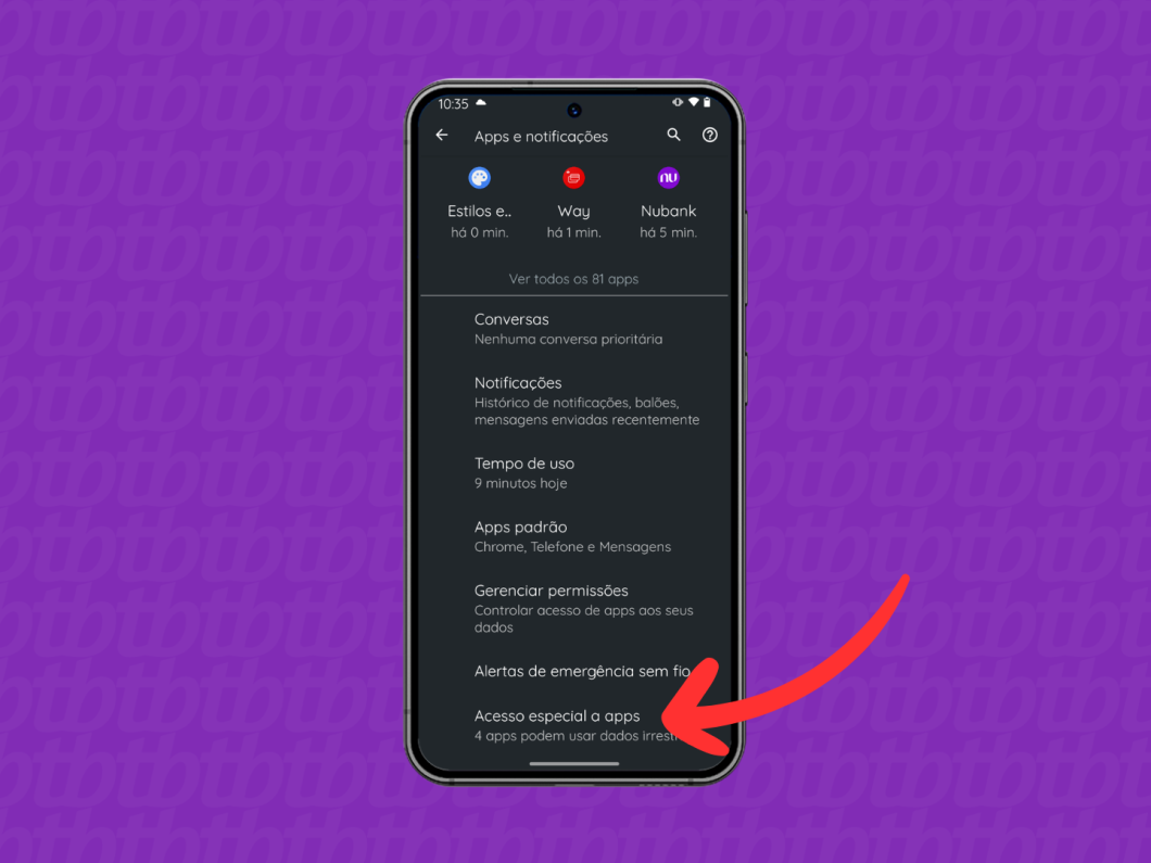 Captura de tela do celular Motorola mostra como acessar o menu "Acesso especial a apps"