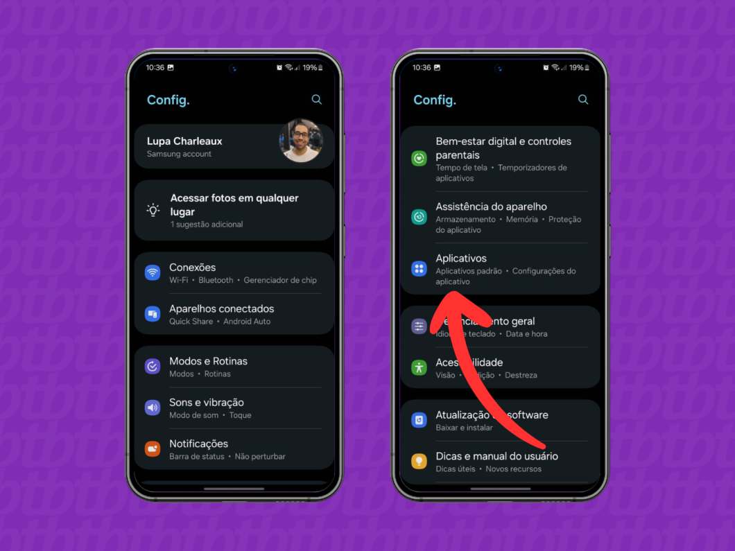 Capturas de tela do celular Samsung mostram como acessar o menu "Aplicativos"