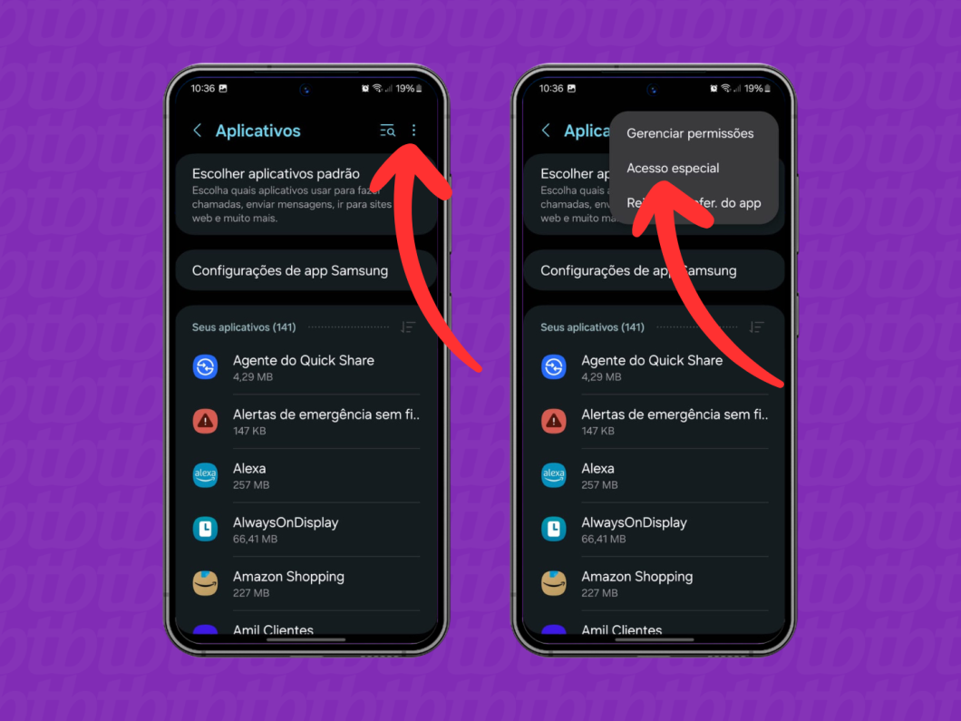 Capturas de tela do celular Samsung mostram como abrir o menu "Acesso Especial"