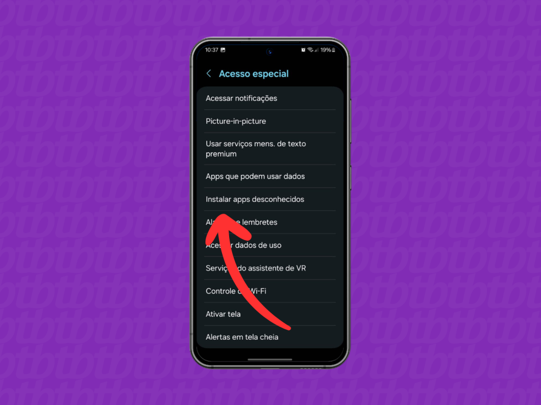 Captura de tela do celular Samsung mostra como abrir o menu "Instalar apps desconhecidos"