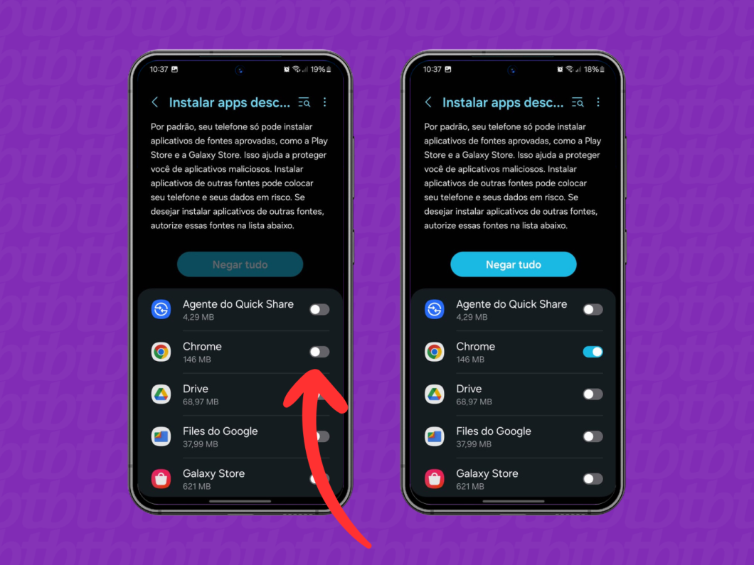 Capturas de tela do celular Samsung mostram selecionar o aplicativo para habilitar a função de baixar apps de fontes desconhecidas