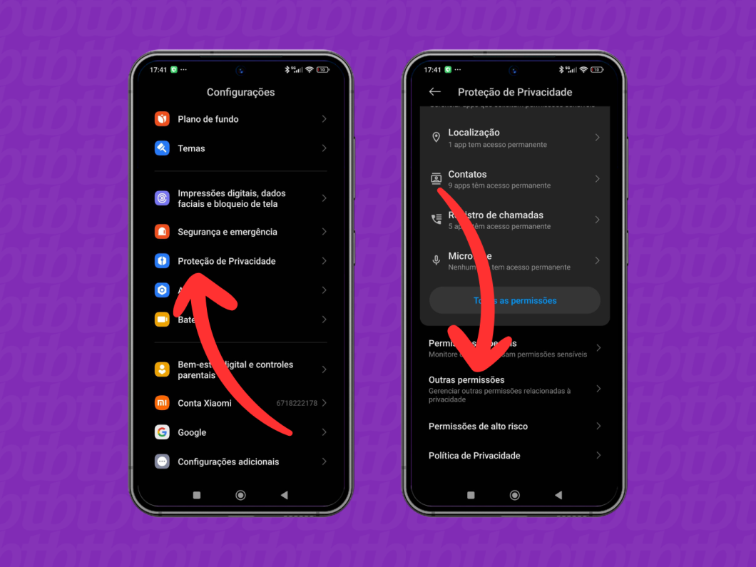 Capturas de tela do celular Xiaomi mostram como acessar os menus "Proteção de Privacidade" e "Outras permissões"
