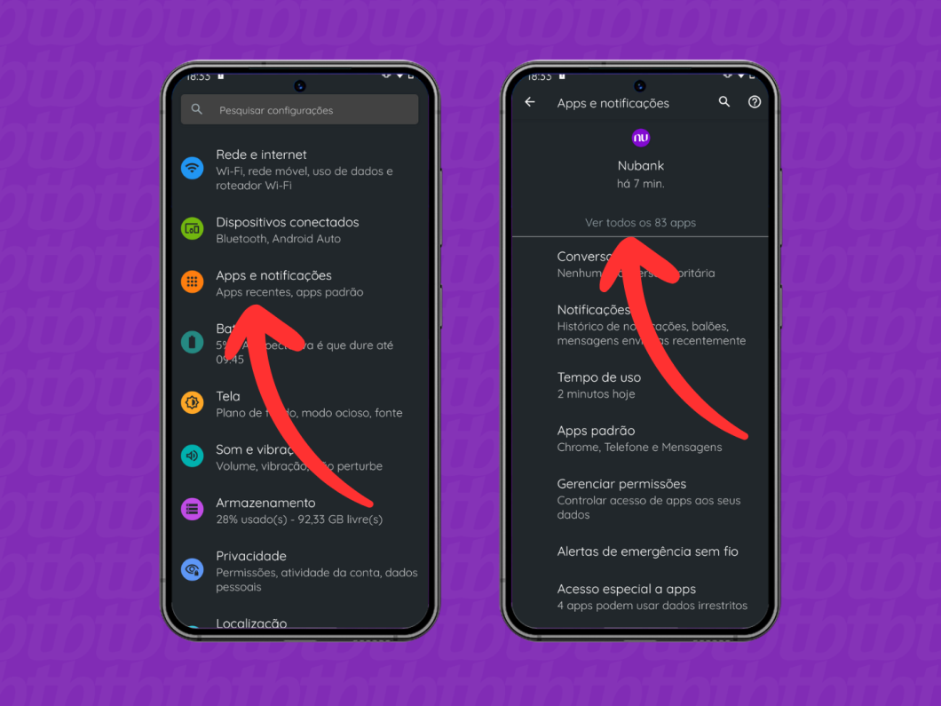 Capturas de tela do celular Motorola mostram como acessar as opções "Apps e notificações" e "Ver todos os apps"