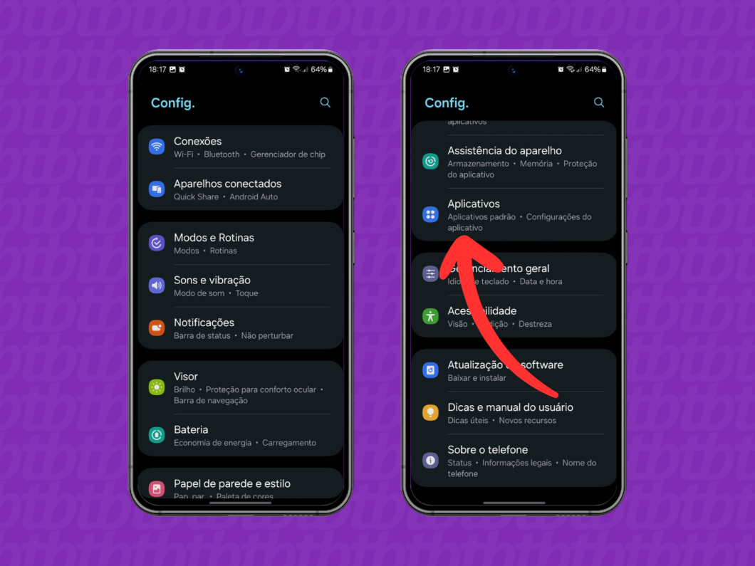 Capturas de tela do celular Samsung mostram como acessar o menu "Aplicativos."