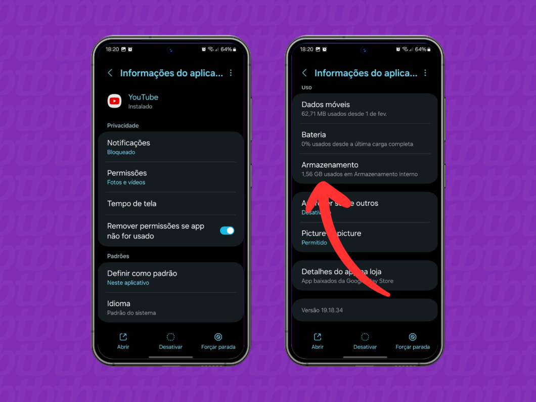 Capturas de tela do celular Samsung mostram como acessar o menu "Armazenamento" de um aplicativo