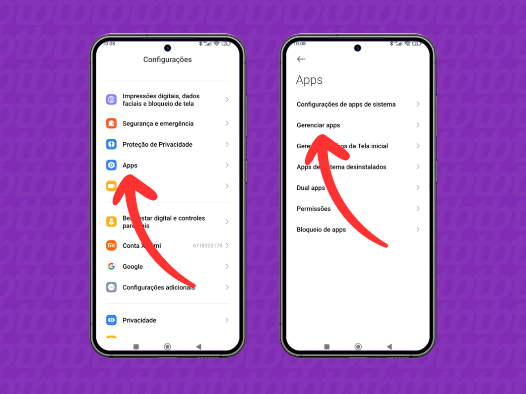Capturas de tela do celular Xiaomi mostram como acessar os menus "Apps" e "Gerenciar Apps"
