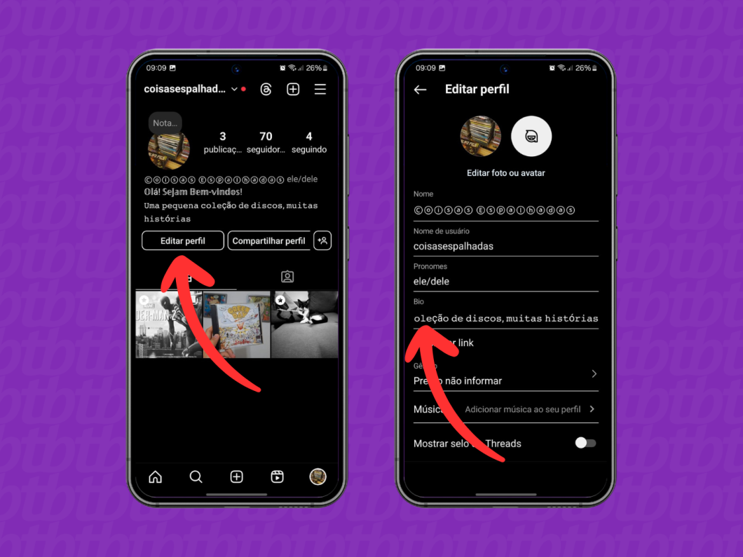 Capturas de tela do aplicativo Instagram mostram editar a bio na rede social