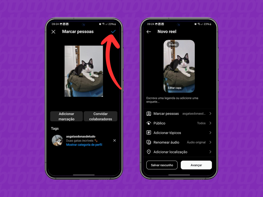 Capturas de tela do aplicativo Instagram mostram como confirmar a marcação de pessoas ao criar um reel
