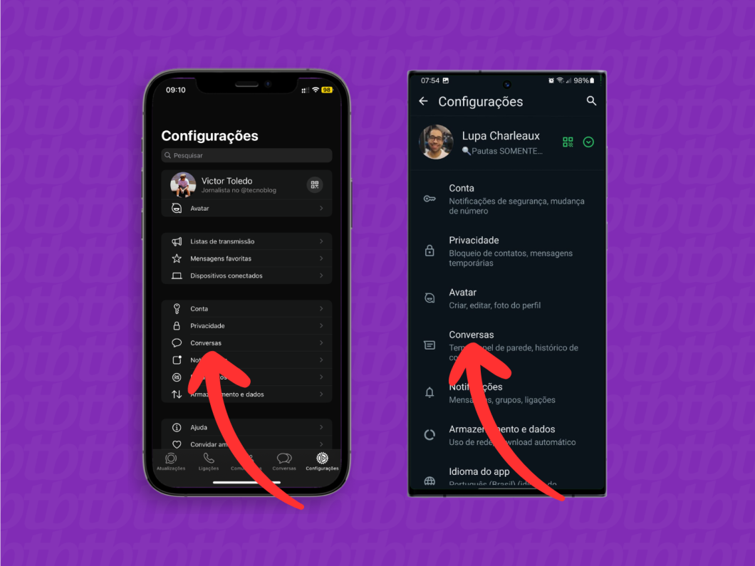 Capturas de tela do aplicativo WhatsApp no iOS e no Android mostram como acessar o menu "Conversas"