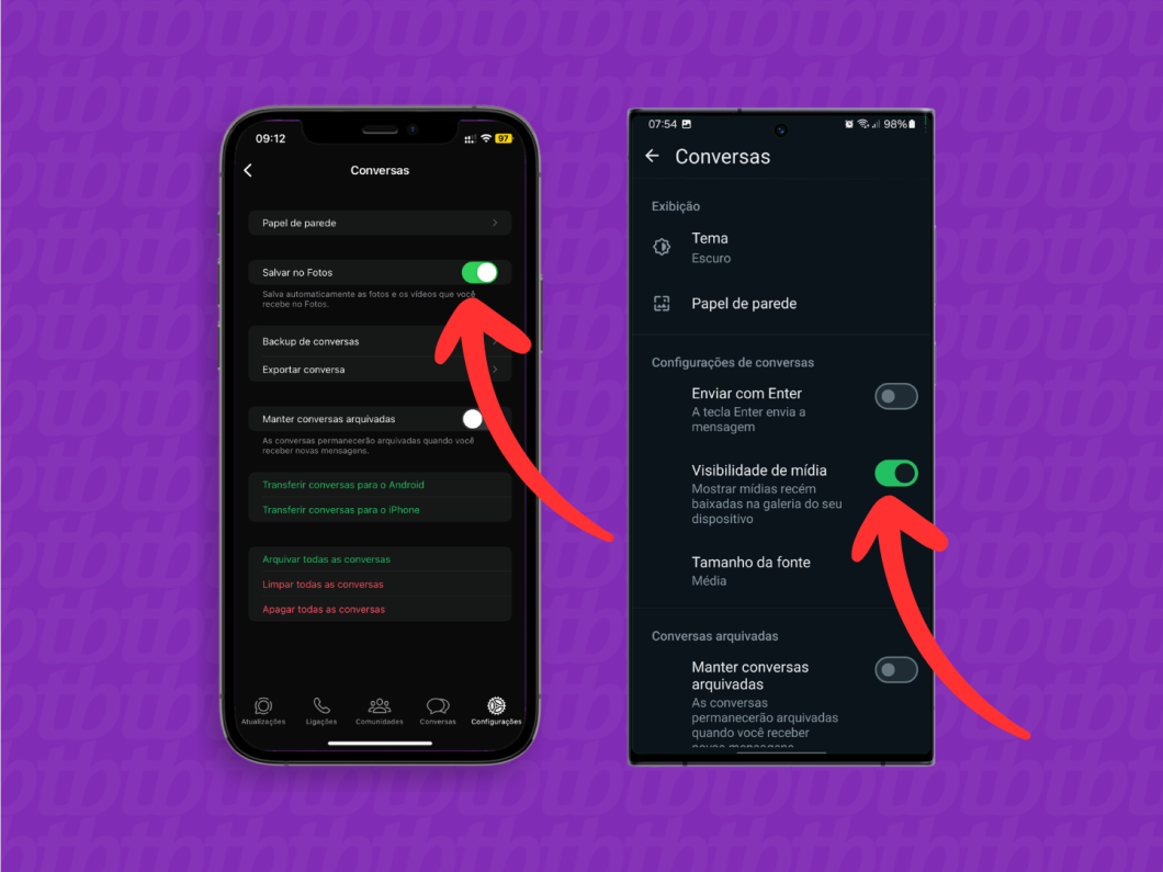 Capturas de tela do aplicativo WhatsApp no iOS e no Android mostram como desabilitar as opções "Salvar no Fotos" ou "Visibilidade de mídia"