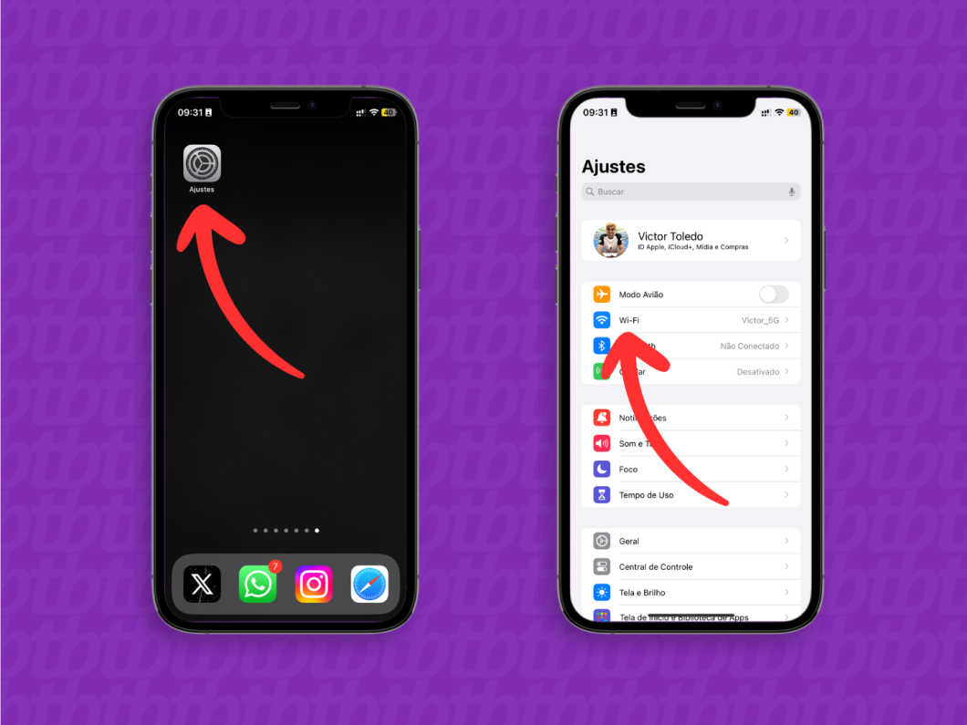 Capturas de tela do iOS mostram como acessar a opção Wi-Fi em Ajustes