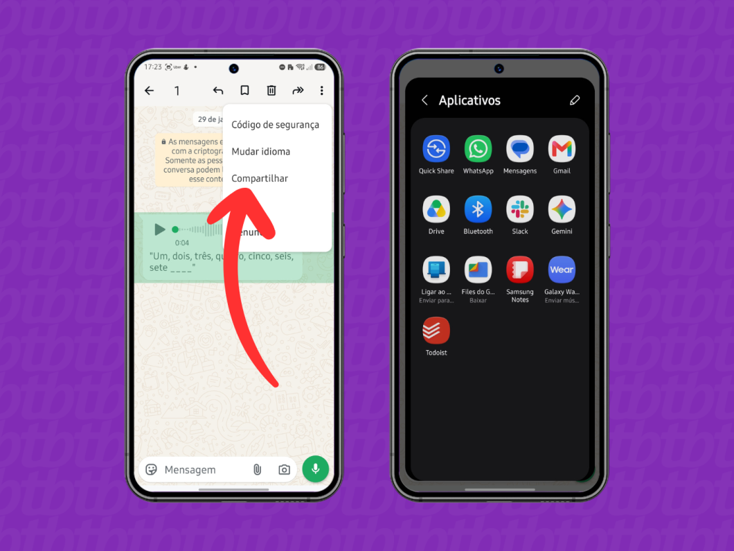 Acessando a opção Compartilhar para baixar a mensagem de voz do WhatsApp no celular Android